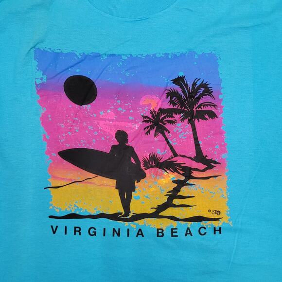 Vintage 80s Virginia-Beach Surfer Shirt Large 21x25 Blue - Picture 7 of 12